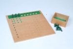 Montessori tabla za učenje matematike Material sestavlja 100 zelenih perlic, 9 lesenih možičkov in lesen pladenj z 99 utori. S tem materialom lahko že predšolski otrok deli, saj preko igre perlice razdeli med posamezne možičke. Igrače Montessori so nare