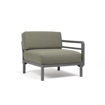 Vrtni stranki element Maximo v Basalto barvi. Vrtni stranski element Maximo z enim naslonjalom za roke s strukturo regenerirane smole z visoko vsebnostjo