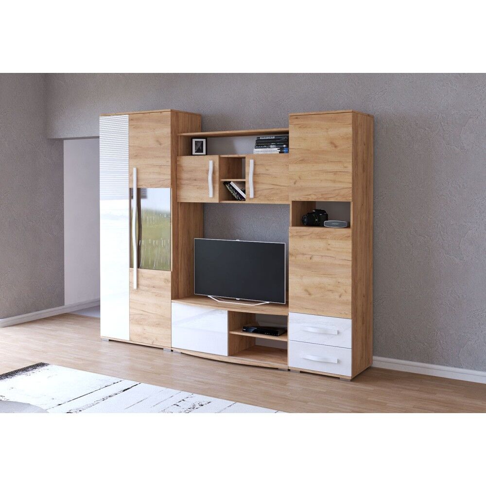 Dnevni regal ANASTAZIJA 2 Dnevni regal ANASTAZIJA 2 je primeren za vsako dnevno sobo. Korpus omaric je v hrast zlati barvi, fronte pa v hrast zlati barvi in beli visoki sijaj. Noge