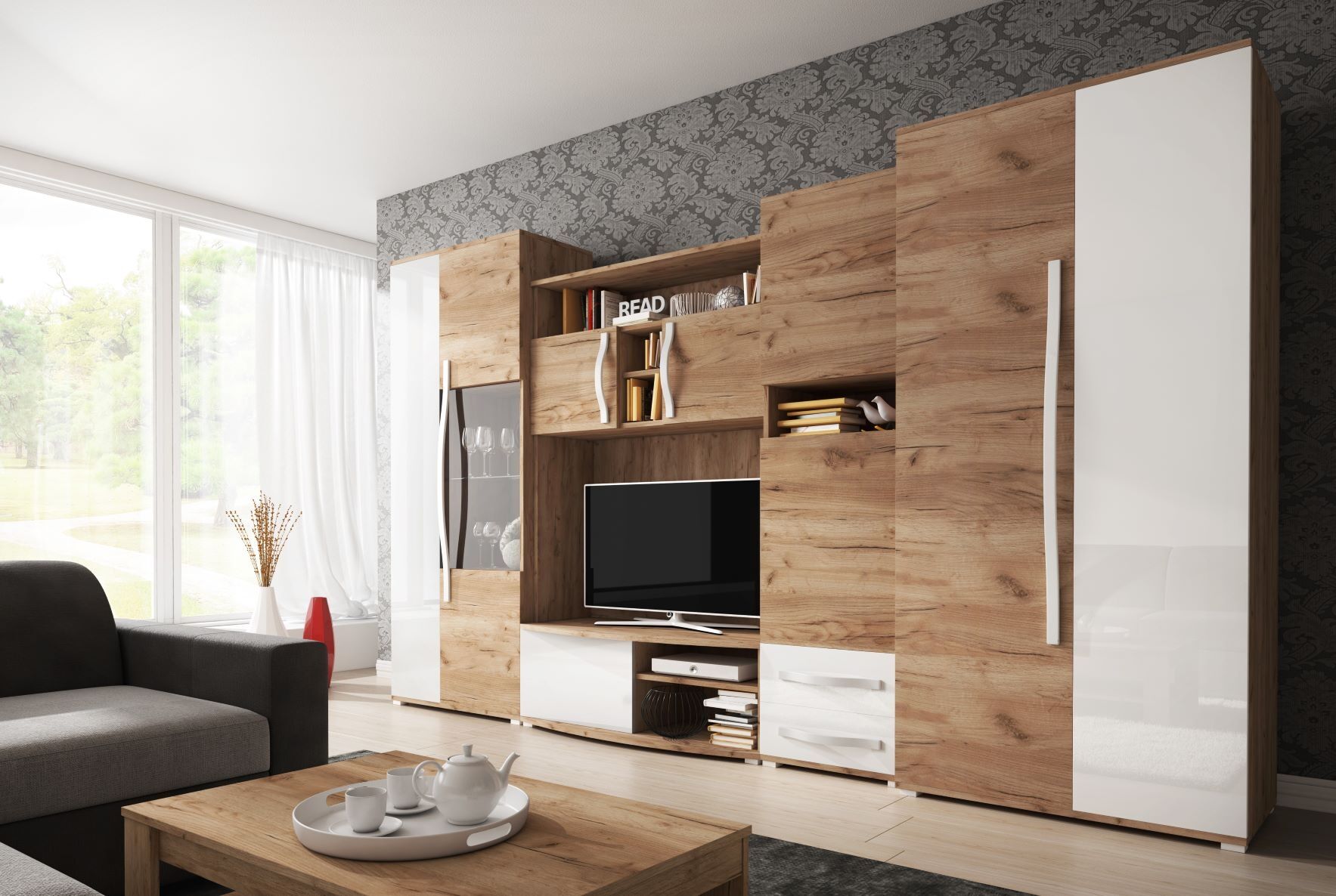 Dnevni regal ANASTAZIJA Dnevni regal ANASTAZIJA je primeren za vsako dnevno sobo. Korpus omaric je v hrast zlati barvi, fronte pa v hrast zlati barvi in beli visoki sijaj. Noge so