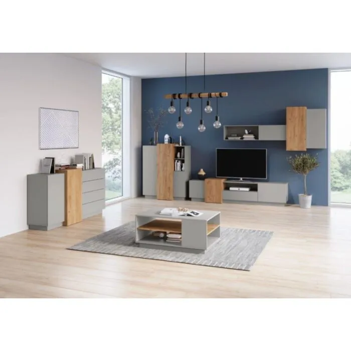 Dnevni regal NIKOLINA Dnevni regal NIKOLINA je moderno oblikovan in elegantnega videza. Dobavljiv je v barvi platinasto sivi/zlati hrast, ter izdelan v EU. Cena velja za sestav brez