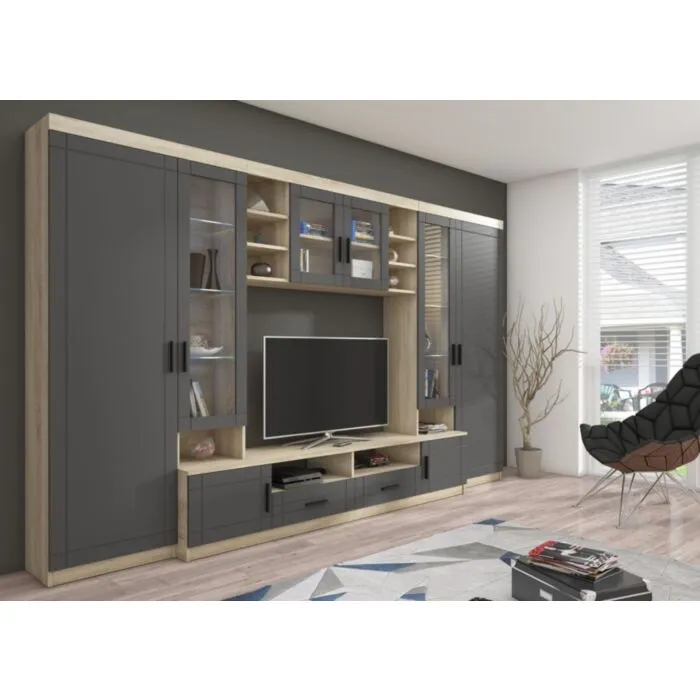 Dnevni regal PAR 3 Dnevni regal PAR 3 je moderno oblikovan in elegantnega videza. Izdelan je v EU. Možno je dokupiti LED osvetlitev (30 €). Barva: - Sonoma / siva Dimenzija: -