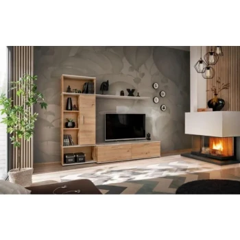 Dnevni regal ROLI je modernega dizajna. Kombinacija hrasta in svetlo sive barve se bo podala v vsak prostor. Narejen je iz kvalitetne iverne plošče. Ročke