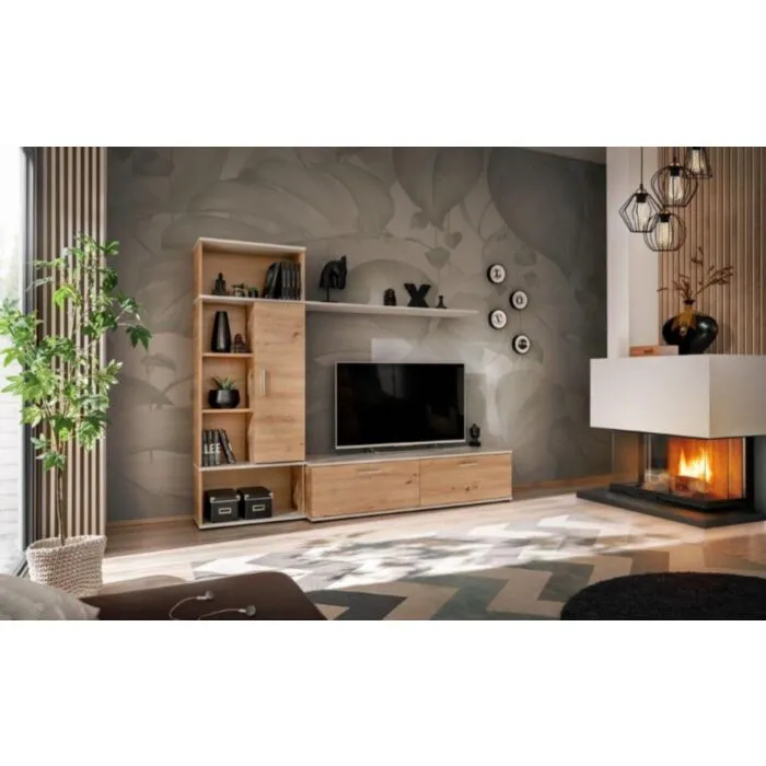 Dnevni regal ROLI je modernega dizajna. Kombinacija hrasta in svetlo sive barve se bo podala v vsak prostor. Narejen je iz kvalitetne iverne plošče. Ročke