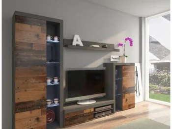Dnevni regal RUBA mini je narejen iz kvalitetne laminirane plošče. Je moderen s pridihom elegance. V kompletu dobite eno TV omaro, eno visoko vitrino, eno