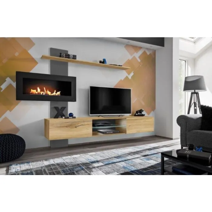 Dnevni regal SABRINA, kateremu BIO kamin v črni barvi doda eleganco ter atraktivnost. Narejen je iz laminirane plošče. Omarica vsebuje stekleno polico