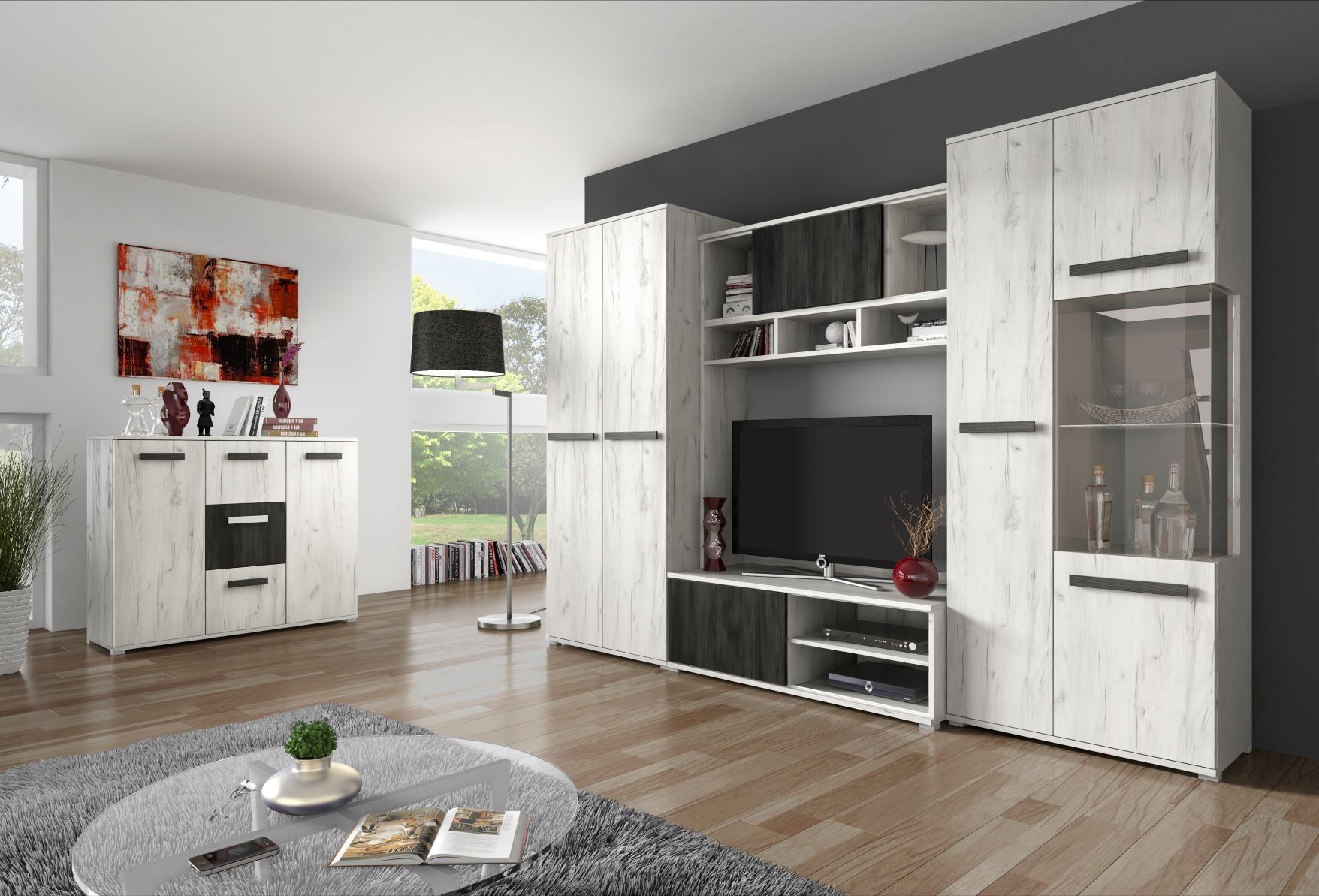 Dnevni regal TINA Dnevni regal TINA je modernega dizajna in je primeren za vsako dnevno sobo. Korpus in fronta omare so dobavljivi v hrast beli barvi, ročaji in fronte dveh