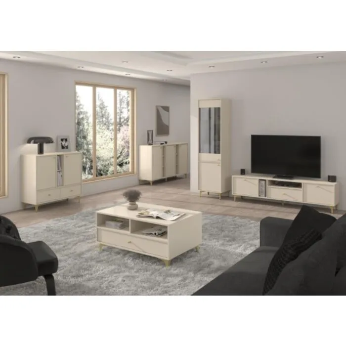 Dnevni regal TOMI bež je prava izbira za sodobne in elegantne prostore. Narejena iz kakovostne laminirane plošče debeline 16 mm, zagotavlja trdnost in