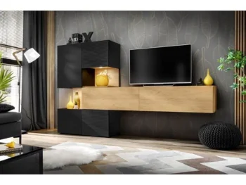Dnevni Tv regal BORNA je moderno oblikovan in elegantnega videza, brez ročajev. Izdelan v EU iz laminirane plošče debeline 16mm in ABS robovi. Omarice