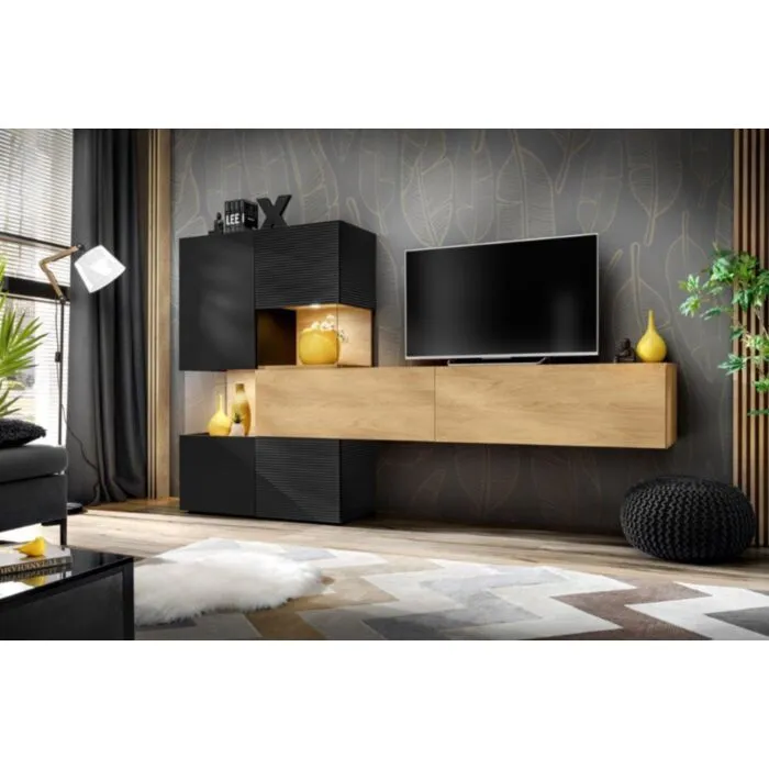 Dnevni TV regal BORNA črna Dnevni Tv regal BORNA je moderno oblikovan in elegantnega videza, brez ročajev. Izdelan v EU iz laminirane plošče debeline 16mm in ABS robovi. Omarice