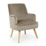 Fotelj ADELINE taupe je narejen iz borovega lesa in MDF-ja, noge so iz hrastovega lesa, prevleka je iz poliestra z učinkom žameta. Material: - Borov les -