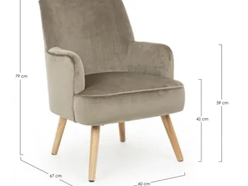 Fotelj ADELINE taupe je narejen iz borovega lesa in MDF-ja, noge so iz hrastovega lesa, prevleka je iz poliestra z učinkom žameta. Material: - Borov les -