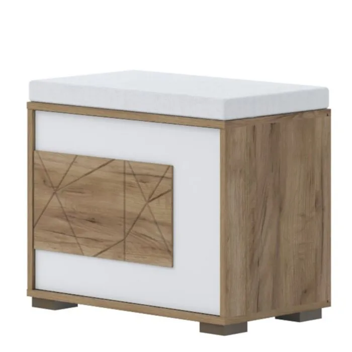 Garderobna klop VIŠNJA Oblazinjena klop VIŠNJA je narejena iz odličnih materialov. Dobavljiva je v hrast / beli visoki sijaj barvi. Predal ima mehko zapiranje. Dimenzije: D: 63 cm