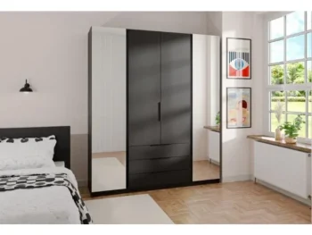 Garderobna omara ANGELA 3 200 cm. Moderen dizajn v kombinaciji z ogledalom, vsebuje tudi predale. Narejena je iz laminirane plošče debeline 16 mm. Na voljo