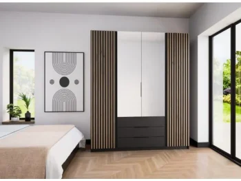 Garderobna omara EVITA 2 200 cm ima moderen dizajn. Narejena je iz laminirane plošče debeline 16 mm. Stranice so v črni barvi, fronte pa v lesu v