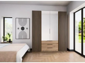 Garderobna omara EVITA 2 200 cm ima moderen dizajn. Narejena je iz laminirane plošče debeline 16 mm. Stranice so v hrast barvi, fronte so v hrast barvi v