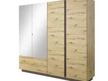 Elegantna in moderna garderobna omara JELENA je narejena iz odličnih materialov v grafitno sivem / hrast dekorju. Ena stran omare vsebuje dva ogledala ter