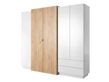 Elegantna in moderna garderobna omara JURČEK, je narejena iz odličnih materialov v beli barvi s kombinacijo zlatega hrasta. Ima ABS robove, ki zagotavljajo