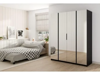 Garderobna omara KALINA 2 200 cm ima moderen dizajn. Narejena je iz laminirane plošče debeline 16 mm. Stranice so v črni barvi, na vseh frontah pa je