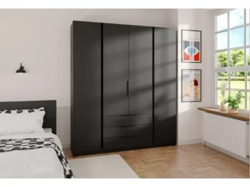 Garderobna omara KRISTINA 200 cm ima moderen dizajn. Narejena je iz laminirane plošče debeline 16 mm. Stranice kakor tudi fronte so v črni barvi. Omara