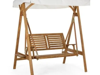 Gugalnica 2P NOEMI ima strukturo iz lesa z oljnim zaključkom. Prevleka je iz poliestra. Material: - Les - Poliester Barva: - Akacijev les - Bela prevleka