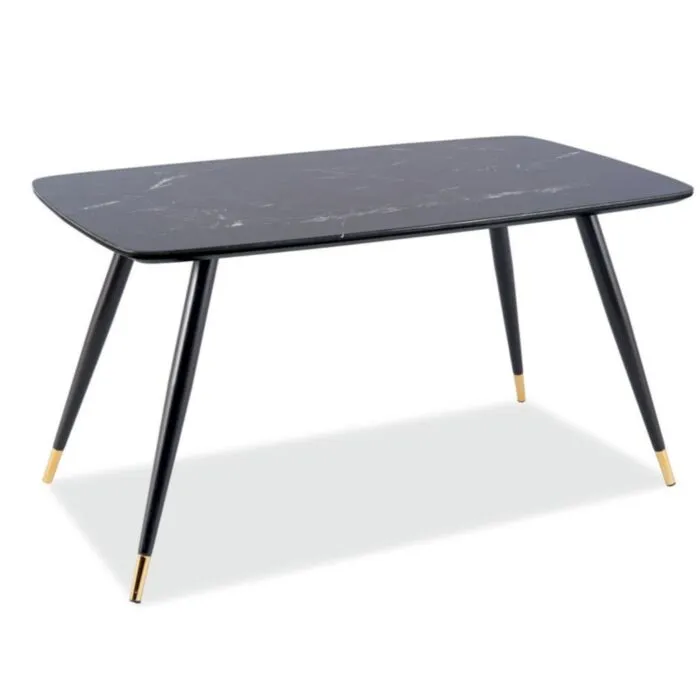 Naj s svojo eleganco tudi vaš prostor popestri miza KALI 2. Plošča mize je iz MDF in kaliranega stekla, efekt kamna . Noge mize so iz kovine v črno/zlati