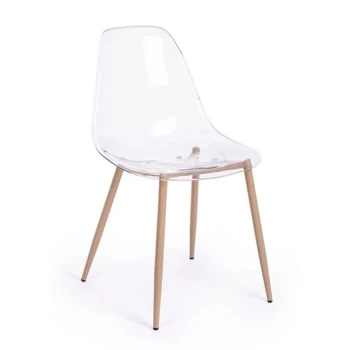 Jedilni stol MANDY je dobavljiv v prozorni barvi. Noge so izdelane iz kovine v barvi lesa. Sedalni del iz polipropilena. Barva: - Prozorna Material: -