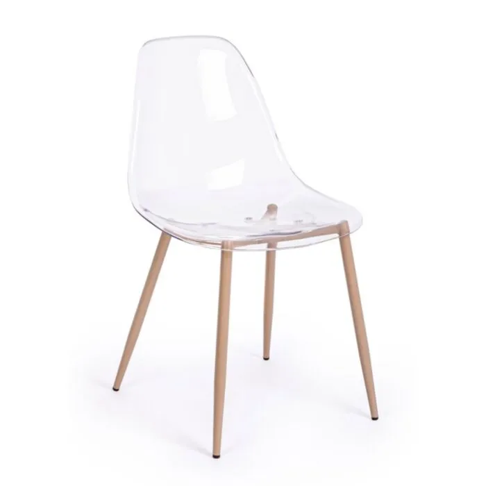 Jedilni stol MANDY je dobavljiv v prozorni barvi. Noge so izdelane iz kovine v barvi lesa. Sedalni del iz polipropilena. Barva: - Prozorna Material: -