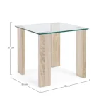 Klubska mizica NEW ARLEY 55X55 natur je narejena iz MDF-ja objetega v melaminski papir z učinkom lesa. Ima kaljeno steklo debeline 12 mm. Dimenzije: širina: