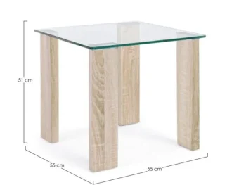 Klubska mizica NEW ARLEY 55X55 natur je narejena iz MDF-ja objetega v melaminski papir z učinkom lesa. Ima kaljeno steklo debeline 12 mm. Dimenzije: širina: