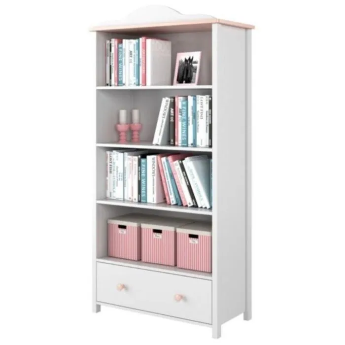 Knjižna omara LINA Knjižna omara LINA je opremljena z globokomi policami. Na dnu je predal, kateri je prostoren in lahko dostopen otroškim rokam. Primerna je za vsako sobo.