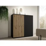 Komoda AZUR 1 je narejena iz kvalitetne laminirane plošče. Vrata se odpirajo s sistemom "push to open". Nogice ima plastične. Material: - Laminirana