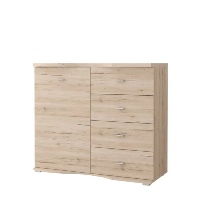 Komoda RENATA je primerna za vsak prostor. Korpus in fronta regala sta v barvi svetlega hrasta. Narejena je iz laminirane plošče debeline 16 mm z ABS