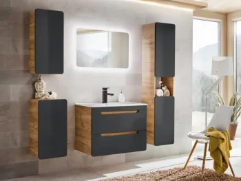 Kopalniški blok BUBA DARK 2 80 je odlične kvalitete, narejen iz kakovostnih materialov. Vsebuje LED ogledalo, umivalnik, omarico pod umivalnikom, visoko