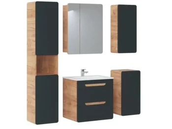 Kopalniški blok BUBA DARK 60 je odlične kvalitete, narejen iz kakovostnih materialov. Vsebuje omarico z ogledalom, umivalnik, omarico pod umivalnikom, visoko