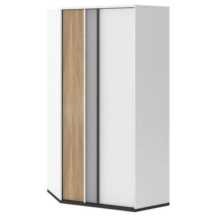 Kotna garderobna omara MELI Kotna garderobna omara MELI je stilsko moderna, a hkrati praktična omara. Vsebuje police ter obešalno palico. Zaradi kotne postavitve učinkovito izkoristi