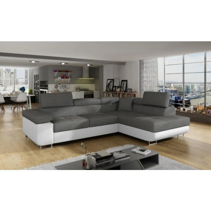 Kotna sedežna garnitura ANTON 2 Kotna garnitura ANTON 2 je kotna sedežna garnitura, katera je narejena iz umetnega usnja in blaga. Garnitura se raztegne v ležišče ima zaboj za posteljnino