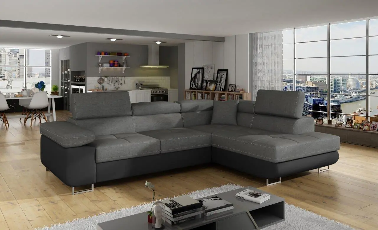 Kotna sedežna garnitura ANTON Kotna garnitura ANTON je kotna sedežna garnitura, katera je narejena iz umetnega usnja in blaga. Garnitura se raztegne v ležišče ima zaboj za posteljnino