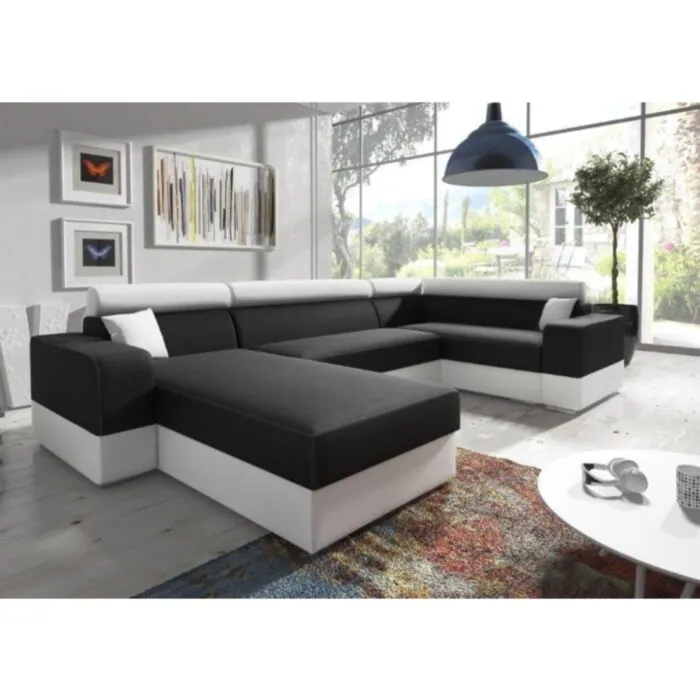 Kotna sedežna garnitura INFY SUPER - črno / bela Kotna sedežna garnitura INFY SUPER je primerna za vsako dnevno sobo. Garnitura z velikim spalnim delom, se raztegne z delfin mehanizmom. Opremljena je kar z