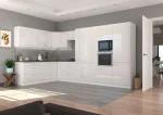 Kotni kuhinjski blok ELZA 230 x 370 cm je narejen iz kvalitetnih materialov. Debelina delovnega pulta je 38 mm. Fronte kuhinje so iz MDF plošče,