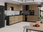 Kuhinjski blok SILVA 315 x 250 cm je kuhinja v oreh / črni barvi. Kuhinja je izdelana iz oplemenitenih ivernih plošč debeline 16 mm in je oblečena v