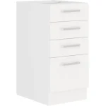 Kotni kuhinjski blok STELLA 300 x 310 cm je narejen iz kvalitetne laminirane plošče. Dobavljiv je v beli mat barvi. Debelina delovnega pulta je 28 mm.