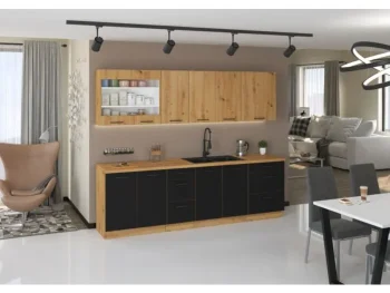 Kuhinjski blok ENA 260 cm je kuhinja v barvi črne mat in artisan hrasta. Narejena je iz laminirane plošče (16 mm) in melamina. Plošča je zaščitena