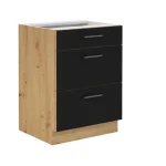Kuhinjski blok ENA 260 cm je kuhinja v barvi črne mat in artisan hrasta. Narejena je iz laminirane plošče (16 mm) in melamina. Plošča je zaščitena