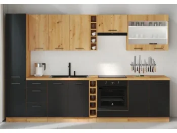 Kuhinjski blok ENA 315 cm je kuhinja v barvi črne mat in artisan hrasta. Narejena je iz laminirane plošče (16 mm) in melamina. Plošča je zaščitena
