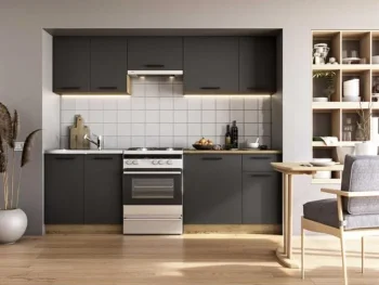 Kuhinjski blok ARIA 240 cm je dobavlja v antracit/hrastbarvi. Korpusi so iz laminirane plošče debeline 16 mm. Laminirane plošče so najpogosteje izbran