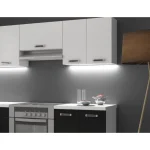 Kuhinjski blok DELTA 2 240 cm je dobavljiva v črnobeli mat barvi. Korpusi so iz laminirane plošče debeline 18 mm. Vrata steklene viseče omarice so iz