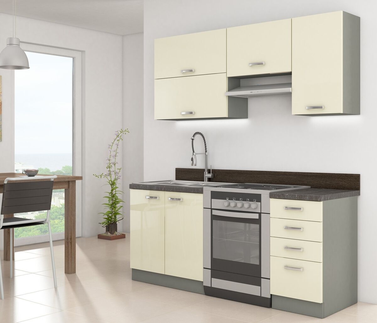 Kuhinjski blok ELITE 180 Kuhinjski blok ELITE 180 cm je dobavljiv v več barvah. Debelina delovnega pulta je 28 mm. Kuhinja je izdelana iz oplemenitenih ivernih plošč debeline 16 mm