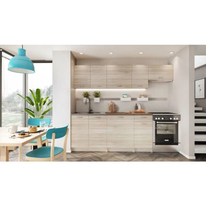 Kuhinjski blok ELLA 240 Kuhinjski blok ELLA 240 cm je dobavljiv v sonoma barvi. Korpusi so iz laminirane plošče debeline 16 mm. Laminirane plošče so najpogosteje izbran material