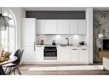 Kuhinjski blok JAGODA bela 300 cm + NAPA je modernega dizajna v beli mat barvi. Stranice so narejene iz laminirane plošče debeline 16 mm, fronte pa